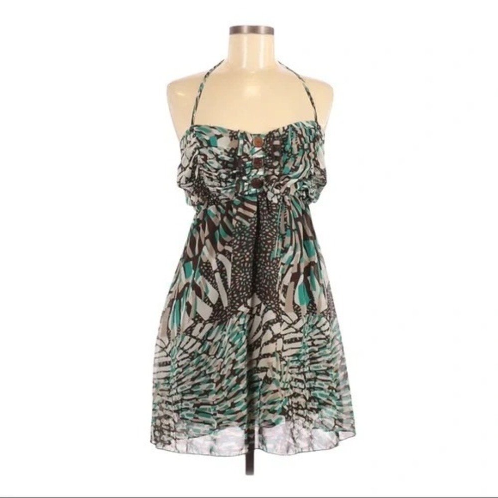 2b Bebe Womens Halter Mini Dress Abstract Print Teal Brown Smocked Back Size S